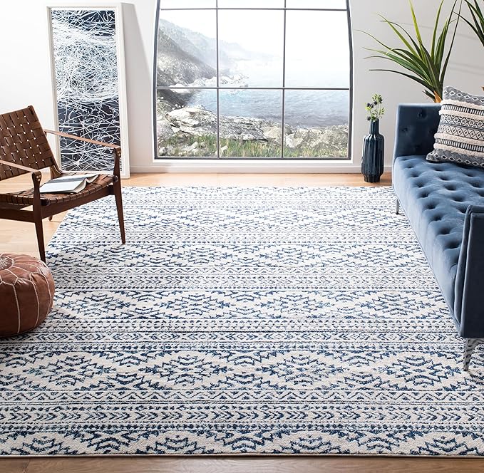 SAFAVIEH Area Rug 8x10 - Tulum Collection - Large - Ivory & Navy, Moroccan Boho Tribal Design, Non-Shedding & Easy to Clean, Ideal for Living Room, Bedroom, Dining Space (TUL272D)