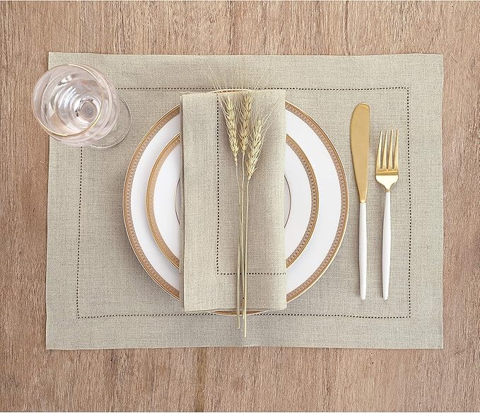 Solino Home Linen Placemats Set of 6 - Classic Hemstitch Natural Placemats 14 x 19 Inch - 100% Pure Linen Table Mats for Holiday, New Year