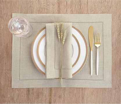 Solino Home Linen Placemats Set of 6 - Classic Hemstitch Natural Placemats 14 x 19 Inch - 100% Pure Linen Table Mats for Holiday, New Year