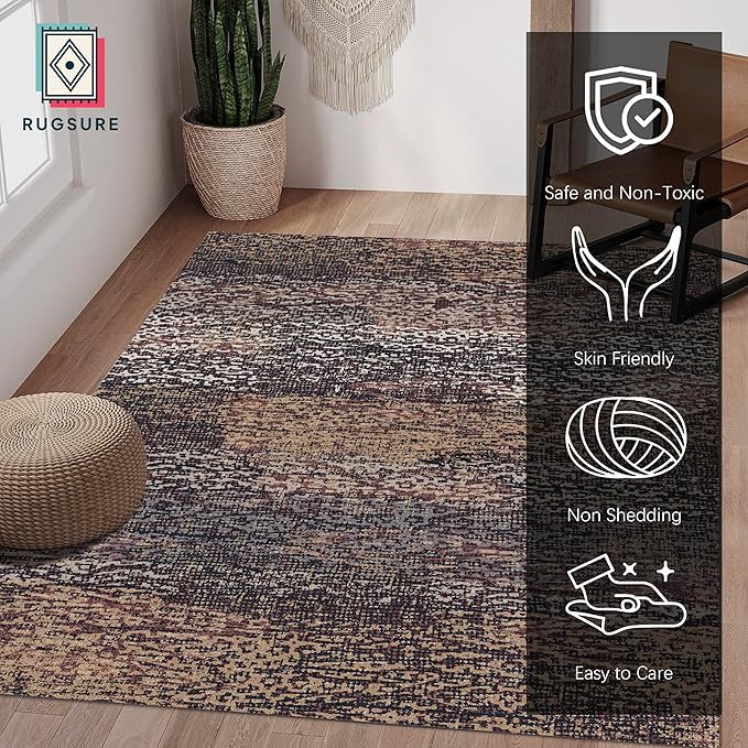 RUGSURE Washable Area Rug - 1/6" Thick Low Pile - Stain & Water Resistant Non-Slip Backing - Pet & Child Friendly Vintage Abstract Design in Multi-Tone Rust Brown, Blue & Beige (3' x 5')