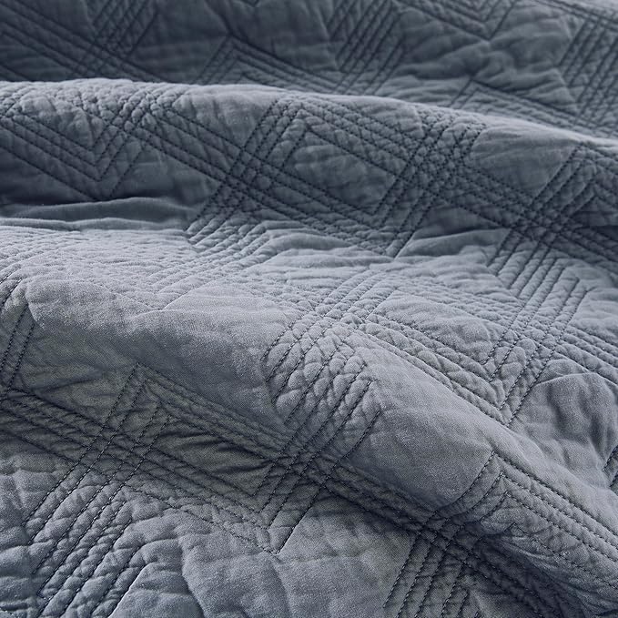 WDCOZY 100% Cotton Oversized King Quilt Set - Dusty Blue California Cal King Size Soft Lightweight Modern Bedspread, Farmhouse Country Rustic Coverlet, Textured Like Linen, Shabby Chic Bedding