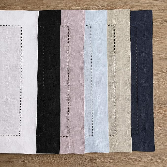 Solino Home Linen Placemats Set of 4 - Classic Hemstitch Natural Placemats 14 x 19 Inch - 100% Pure Linen Table Mats for Holiday, New Year