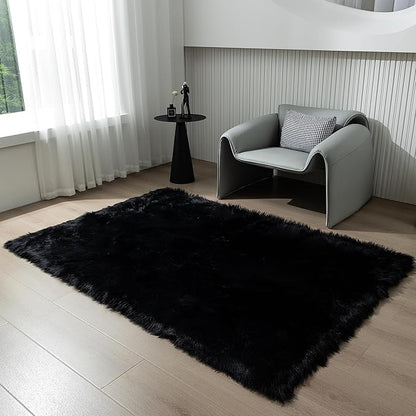 Fluffy Faux Fur Rug Black Sheepskin Area Rug,4x6 Ft Ultra Soft Shaggy Plush Rug for Bedroom Bedside Living Room Nursery Kids Room