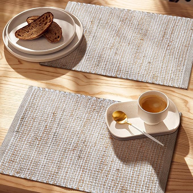 Jute Placemats Set of 4 - Boho Woven Placemats for Dining Tables, Rustic Farmhouse Style, Cotton and Jute, Neutral Colorful Table Mat, 13x19 Inch, Indoor Kitchen Decor - Natural-Ivory