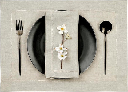 D'Moksha Homes Linen Placemats Set of 8 - Classic Hemstitch Natural Placemats 14 x 19 Inch - 100% Pure Linen Table Mats for Valentines, Holiday, New Year - Handcrafted and Machine Washable
