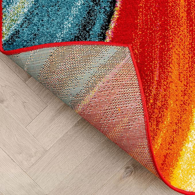 Well Woven Aurora Multi Red Yellow Orange Swirl Lines Modern Geometric Abstract Brush Stroke Area Rug(5'3inx7'3in)Easy Clean Stain Resistant Shed Free Contemporary Painting ArtStripe Thick Soft Plush