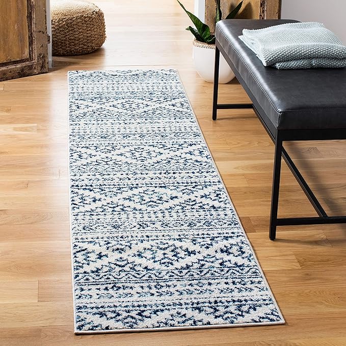 SAFAVIEH Tulum Collection Runner Rug - 2' x 13', Ivory & Navy, Moroccan Boho Tribal Design, Non-Shedding & Easy to Clean, Ideal for Living Room, Hallway, Foyer, Bedroom (TUL272D)