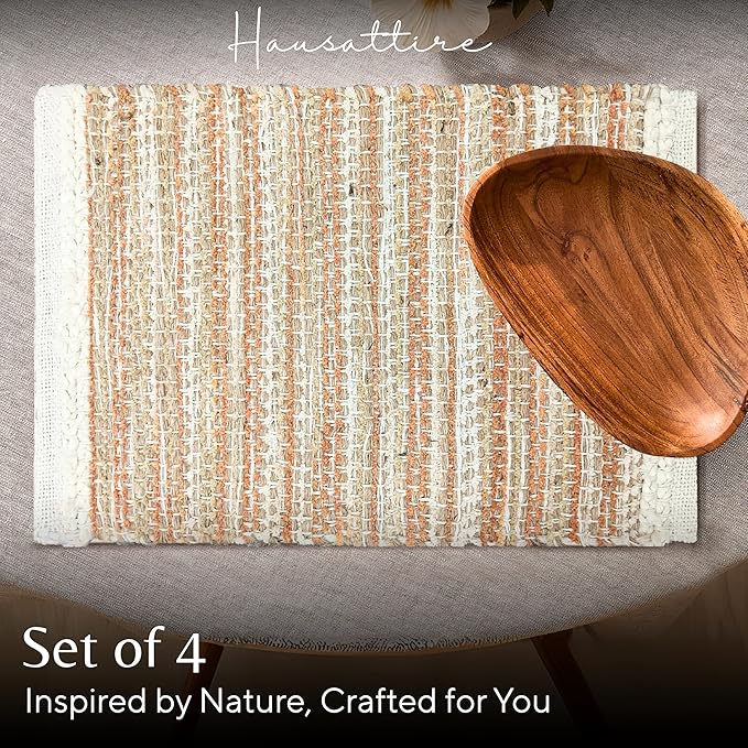 Hausattire Woven Table Placemats Set of 4 - Rust, Jute Boho Outdoor Table Mats for Kitchen Dining Decoration | Easy Clean Heat Resistant Farmhouse Dinner Placemat for Thanksgiving Decor - 13x19 Inch
