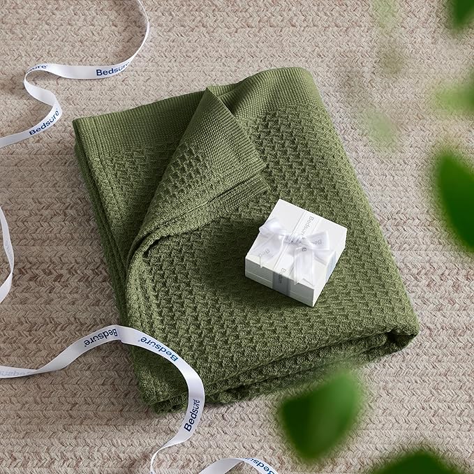 Bedsure Gentlesoft 100% Cotton Blanket Twin XL Size for College Dorm - Breathable and Soft, Waffle Weave Twin Blanket for Summer, Dorm Room Essentials, Olive Green, 66x90 inches