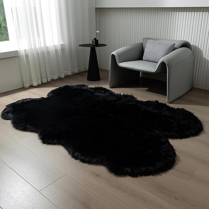Fluffy Faux Fur Rug Black Sheepskin Area Rug,4x6 Ft Ultra Soft Shaggy Plush Rug for Bedroom Bedside Living Room Nursery Kids Room
