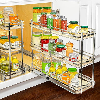 LYNK PROFESSIONAL® Élite™ Pull Out Spice Rack Organizer for Inside Kitchen Cabinets - 6"x21" - Slide Out Drawer – Wood/Chrome Sliding Spice Cabinet Organization Shelf Racks - 3 Tier