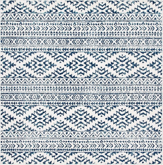 SAFAVIEH Tulum Collection Area Rug - 6'7" Square, Ivory & Navy, Moroccan Boho Tribal Design, Non-Shedding & Easy to Clean, Ideal for Living Room, Bedroom, Dining Space (TUL272D)