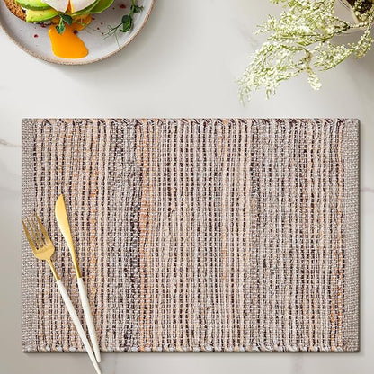 Jute Placemats Set of 4 - Boho Woven Placemats for Dining Tables, Rustic Farmhouse Style, Cotton and Jute, Neutral Colorful Table Mat, 13x19 Inch, Indoor Kitchen Decor - Natural - Brown