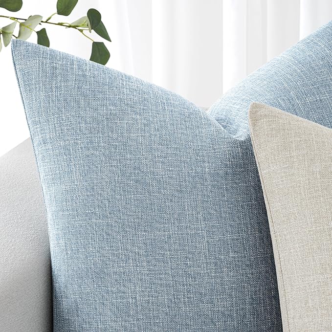 MIULEE Pack of 2 Decorative Linen Burlap Textured Pillow Covers Farmhouse Boho Accent Pillowcases Spring Coastal Home Decor for Couch Sofa Bedroom Living Room 16x16 Inch Light Blue