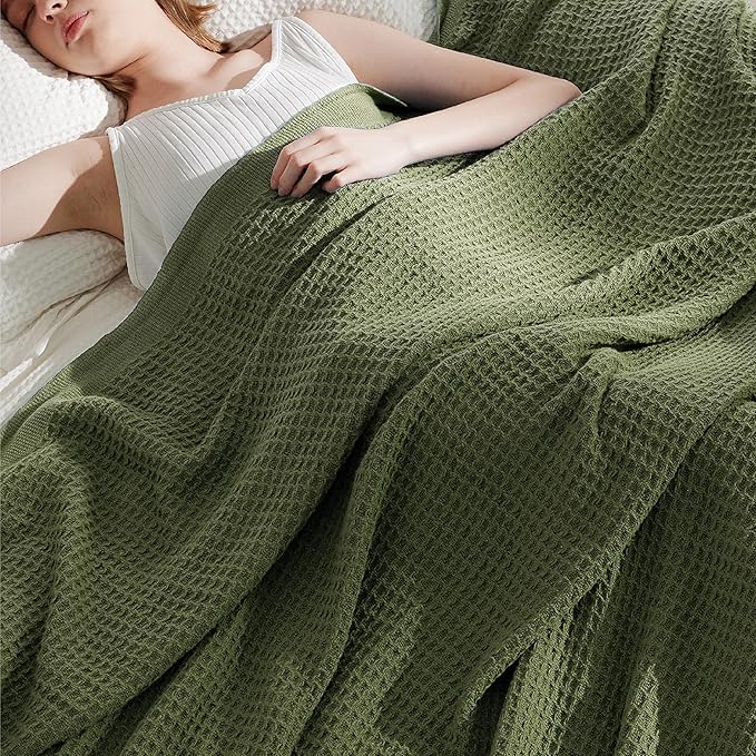 Bedsure Gentlesoft 100% Cotton Blanket Queen Size for Bed - Breathable and Soft, Thick Cozy Waffle Weave Christmas Blanket Gift for Women, Olive Green, 90x90 Inches