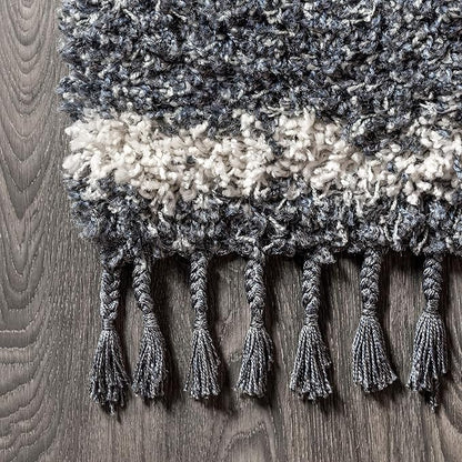 JONATHAN Y Mercer Shag Plush Tassel Denim Blue/Cream Indoor Area Rug, 5x8, Moroccan Geometric Trellis, Bohemian, Easy-Cleaning for Living Room, Bedroom, Kitchen, Non-Shedding (MCR103A-5)