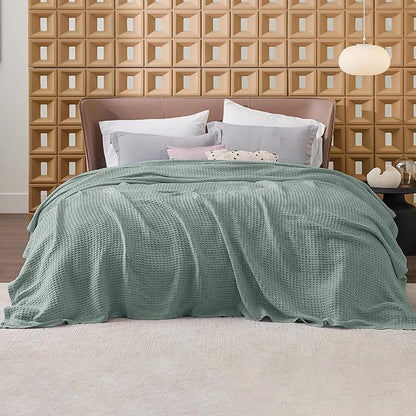 Bedsure Gentlesoft 100% Cotton Blanket King Size for Bed - Breathable and Soft, Thick Cozy Waffle Weave Christmas Blanket Gift for Women, Sage Green, 104x90 inches