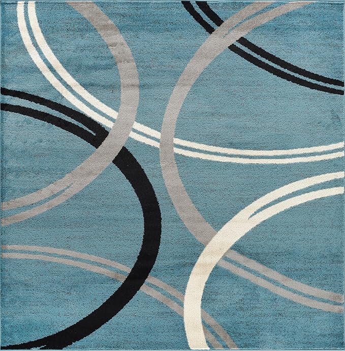 Rugshop Modern Wavy Circles Design Square Rug, Non-Shedding Carpet for Living Room, Bedroom, or Dining Room, Blue, 6'6" x 6'6"