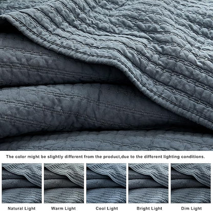 WDCOZY 100% Cotton Twin Size Quilt Set - Blue Striped Pick Stitch Soft Lightweight Bedspread, Textured Like Linen, Farmhouse Country Rustic Coverlet, Shabby Chic Gauze Bedding, 2 Pieces
