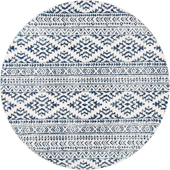 SAFAVIEH Tulum Collection Area Rug - 6'7" Round, Ivory & Navy, Moroccan Boho Tribal Design, Non-Shedding & Easy to Clean, Ideal for Living Room, Bedroom, Dining Space (TUL272D)