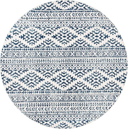 SAFAVIEH Tulum Collection Area Rug - 6'7" Round, Ivory & Navy, Moroccan Boho Tribal Design, Non-Shedding & Easy to Clean, Ideal for Living Room, Bedroom, Dining Space (TUL272D)