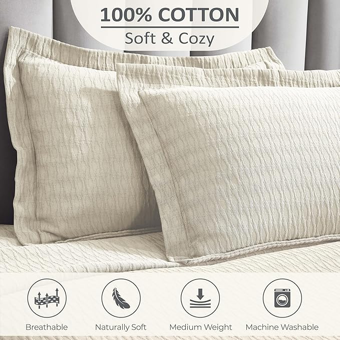 Superior 3 Piece Cotton Bedspread Set, Home Bed Decor, Decorative Bed Spread, 2 Pillow Shams, Medium Weight Blanket, Matelasse Coverlet, Bedding Essentials, Calvert Collection, King, Ivory