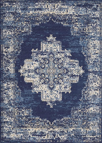 vivorug 9x12 Area Rugs for Living Room, Non Slip Machine Washable Vintage Navy Blue Rug, Ultra-Thin Lightweight Large Area Rug for Bedroom, Dining Room, Low Pile Rug