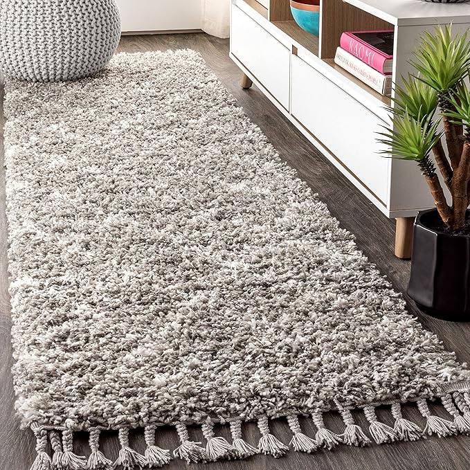 JONATHAN Y Mercer Shag Plush Tassel Gray/Ivory Runner Rug, 2x8, Moroccan Geometric Trellis, Easy-Cleaning for Living Room, Bedroom, Kitchen, Pet Friendly, Non-Shedding (MCR101C-28)