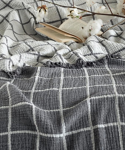 Bohemian 4 Layers Gauze Lightweight Throws,Cotton Muslin Throw Blanket,Breathable Coverlet, 4 Layer Bed Cover (Gray Windowpane, Full Size 78 x 95 inches)