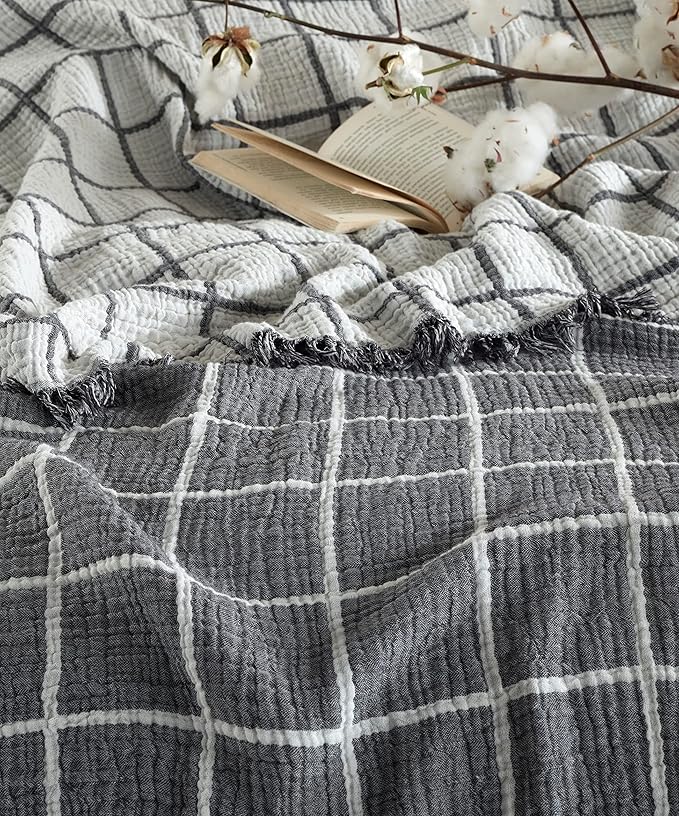 Bohemian 4 Layers Gauze Lightweight Throws,Cotton Muslin Throw Blanket,Breathable Coverlet, 4 Layer Bed Cover (Gray Windowpane, Oversized 100 x 110 inches)