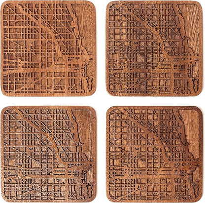 Chicago Map Coaster by O3 Design Studio, Set Of 4, Sapele Wooden Coaster With City Map, Handmade
