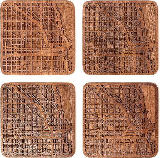 Chicago Map Coaster by O3 Design Studio, Set Of 4, Sapele Wooden Coaster With City Map, Handmade