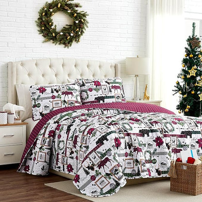 Southshore Fine Living, Inc. King Size Christmas Quilt with Matching Pillow Shams, Holiday Bedding Set, 3-Piece King/California King Quilt Set, Reversible Red Plaid Quilt & Rustic Cabin Print