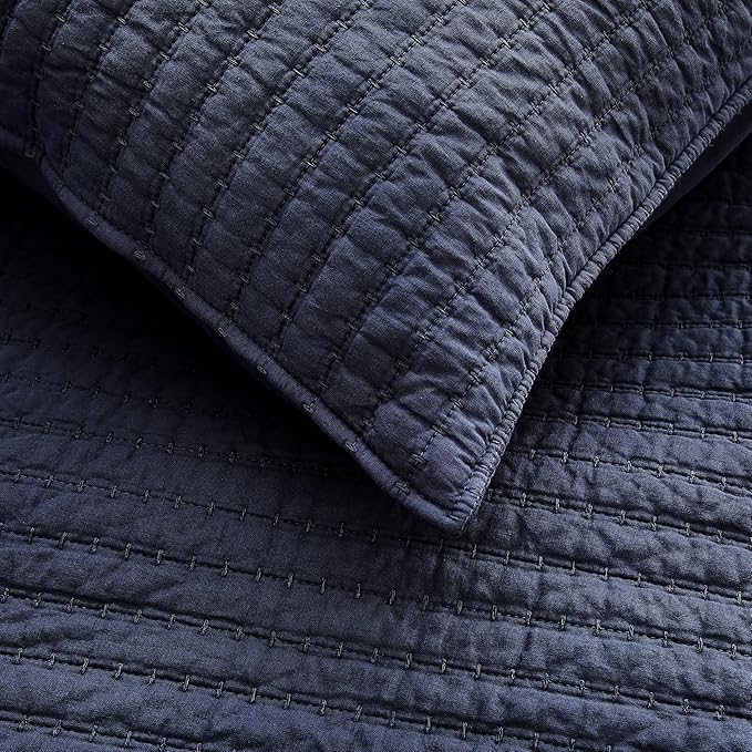 WDCOZY 100% Cotton Twin Size Quilt Set - Navy Blue Striped Pick Stitch Soft Lightweight Bedspread, Textured Like Linen, Farmhouse Country Rustic Coverlet, Shabby Chic Gauze Bedding, 2 Pieces