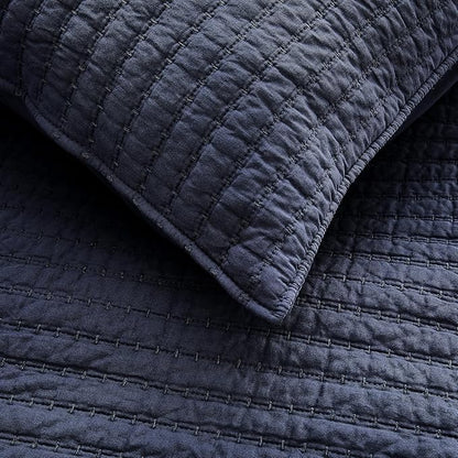 WDCOZY 100% Cotton Twin Size Quilt Set - Navy Blue Striped Pick Stitch Soft Lightweight Bedspread, Textured Like Linen, Farmhouse Country Rustic Coverlet, Shabby Chic Gauze Bedding, 2 Pieces