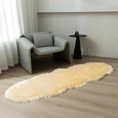 Faux Fur Rug Runner 2x6 ft Beige - Machine Washable Super Soft Plush Shaggy Fluffy Area Carpet,Sheepskin Rug Fuzzy Floor Mat for Bedroom, Sofa,Living Room, Bedside, Nursery & Kids Room
