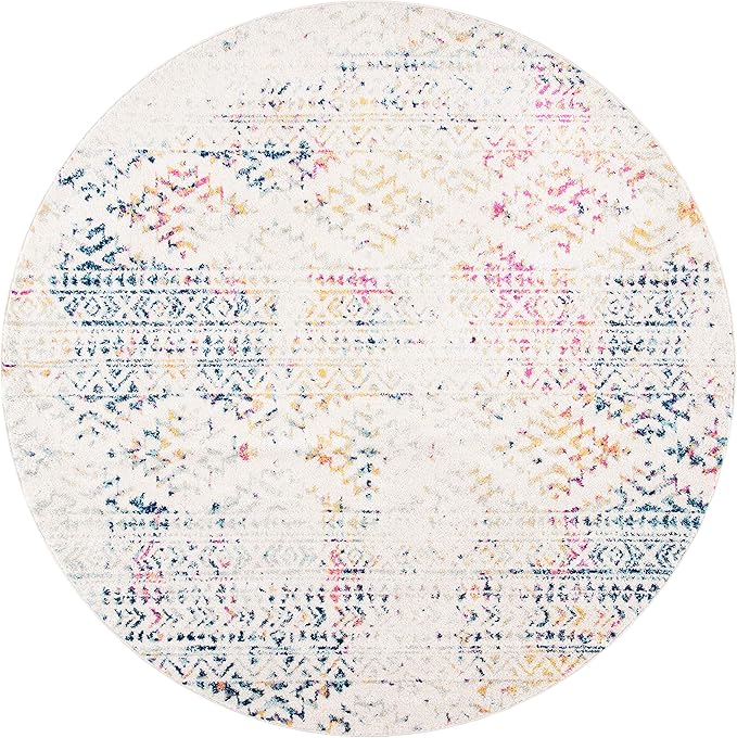 SAFAVIEH Tulum Collection Area Rug - 9' Round, Ivory & Blue, Moroccan Boho Tribal Design, Non-Shedding & Easy to Clean, Ideal for Living Room, Bedroom, Dining Space (TUL272C)