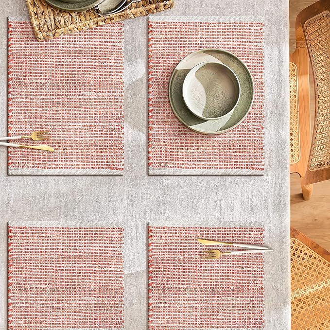 Jute Placemats Set of 4 - Boho Woven Placemats for Dining Tables, Rustic Farmhouse Style, Cotton and Jute, Neutral Colorful Table Mat, 13x19 Inch, Indoor Kitchen Decor - Natural - Orange