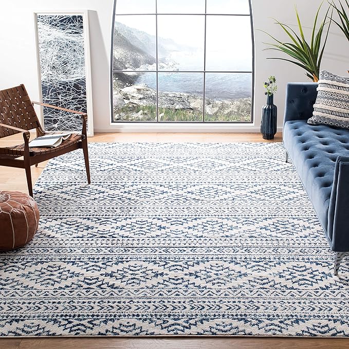 SAFAVIEH Tulum Collection Area Rug - 9' Square, Ivory & Navy, Moroccan Boho Tribal Design, Non-Shedding & Easy to Clean, Ideal for Living Room, Bedroom, Dining Space (TUL272D)