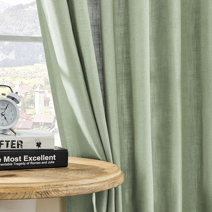 Joydeco Linen Curtains for Living Room,Light Filtering Rod Pocket Back Tab Semi Sheer Drapes Window Long Curtains 90 inches Long Sage Green