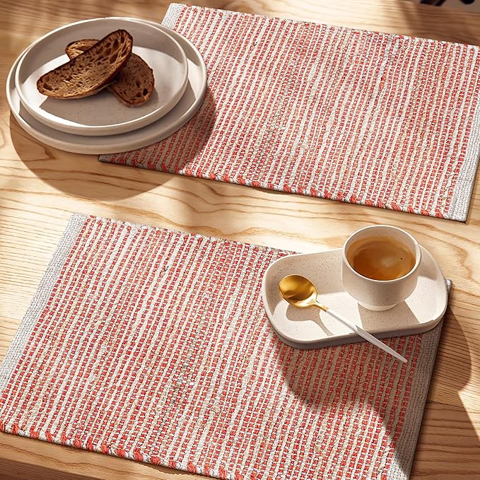 Jute Placemats Set of 4 - Boho Woven Placemats for Dining Tables, Rustic Farmhouse Style, Cotton and Jute, Neutral Colorful Table Mat, 13x19 Inch, Indoor Kitchen Decor - Natural - Orange