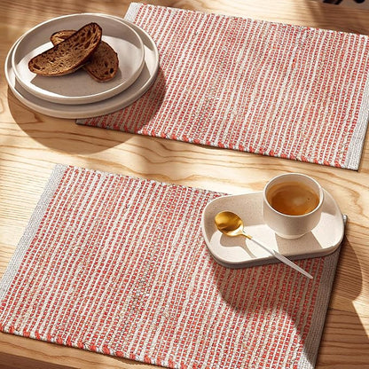 Jute Placemats Set of 4 - Boho Woven Placemats for Dining Tables, Rustic Farmhouse Style, Cotton and Jute, Neutral Colorful Table Mat, 13x19 Inch, Indoor Kitchen Decor - Natural - Orange