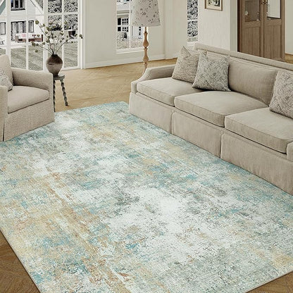 6x9 Washable Area Rug Teal Beige Abstract Living Room Bedroom Carpet Neutral Modern Non-Slip Soft Low Pile Lightweight Vacuumable Throw Rug for Dining Room Kitchen