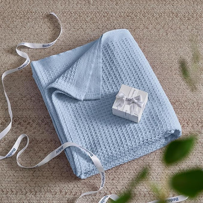 Bedsure Gentlesoft 100% Cotton Large Throw Blanket for Couch 50x70 inches - Breathable and Soft, Waffle Weave Throw Blanket for Office, Sky Blue