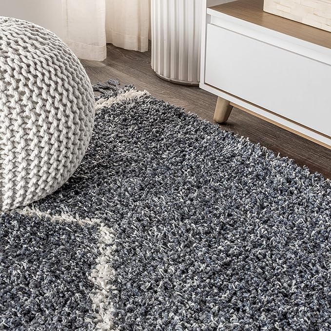 JONATHAN Y Mercer Shag Plush Tassel Denim Blue/Cream Runner Rug, 2x8, Moroccan Geometric Trellis, Bohemian, Easy-Cleaning for Living Room, Bedroom, Kitchen, Non-Shedding (MCR103A-28)