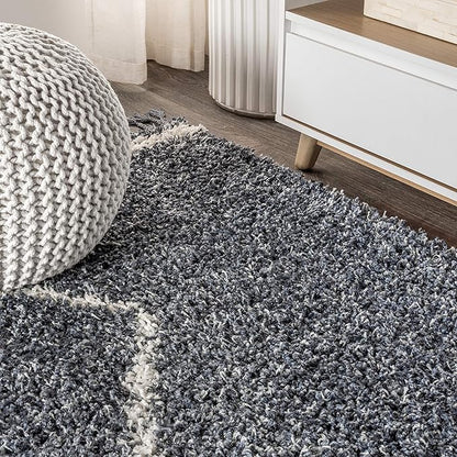 JONATHAN Y Mercer Shag Plush Tassel Denim Blue/Cream Runner Rug, 2x8, Moroccan Geometric Trellis, Bohemian, Easy-Cleaning for Living Room, Bedroom, Kitchen, Non-Shedding (MCR103A-28)