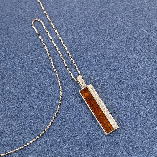Aloha Jewelry Company 925 Sterling Silver Hawaiian Heirloom Scroll Koa Wood Bar Necklace Pendant with 18" Box Chain, Nickel Free Hypoallergenic for Sensitive Skin, Gift Box Included