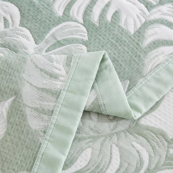 100% Cotton Muslin Jacquard 3 Piece Quilt Set Tropical Monstera Leaf Print, Soft 3 Layers Gauze Bed Cover Reversible Bedspread Coverlet Breathable Lightweight Bedding Set, King