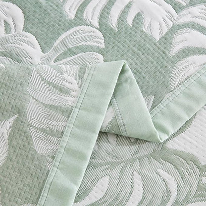 100% Cotton Muslin Jacquard 2 Piece Quilt Set Tropical Monstera Leaf Print, Soft 3 Layers Gauze Bed Cover Reversible Bedspread Coverlet Breathable Lightweight Bedding Set, Twin