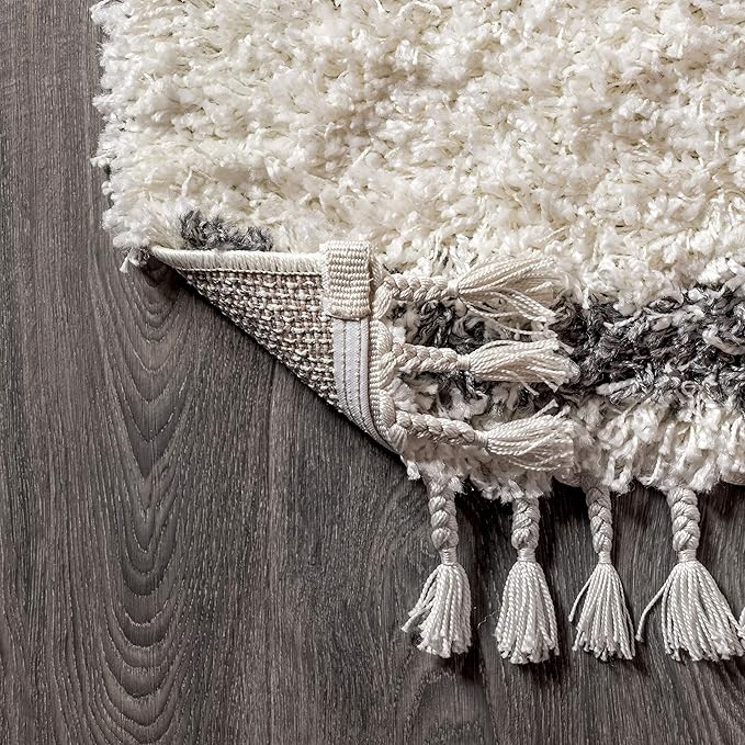 JONATHAN Y Mercer Shag Plush Tassel Cream/Gray Indoor Area Rug, 8x10, Moroccan Geometric Trellis, Bohemian, Easy-Cleaning for Living Room, Bedroom, Kitchen, Pet Friendly, Non-Shedding (MCR103B-8)